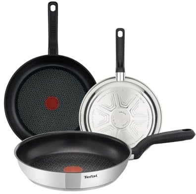 Tefal Comfort Max - Juego de 3 Sartenes, Acero Inoxidable | 3 Sartenes de 20/24/28 cm, Revestimiento Antiadherente, Thermo-Spot, Diseño resistente y duradero, Apto inducción