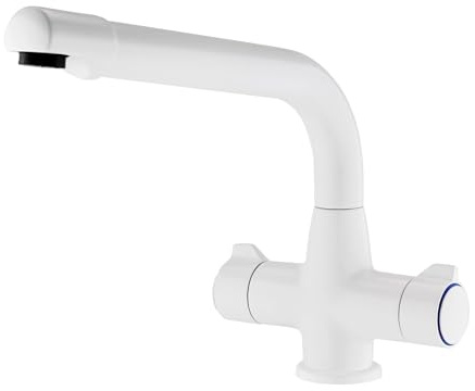 ENKI KT133 Alpha Dual Flow Double Bowl Twin Lever Kitchen Mixer Tap, White