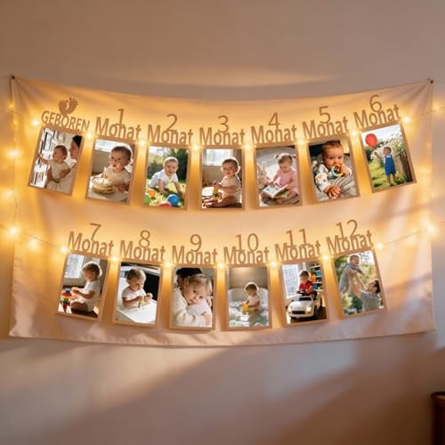 TUZELIYA Foto Banner Geburtstagsdeko 1 jahr - 1. Geburtstag Deko Mädchen Jungen für Geburtstagsparty - 1 jahr Baby Meilenstein Fotogirlande Geburtstag Deko Inklusive LED-Lichterkette