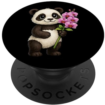 Cute Panda Bear Holding Orchid Flower PopSockets Klebender PopGrip