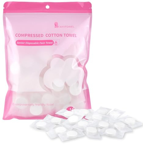 Lanjue 50Pcs Compressed Cotton Towels, Soft & Thick Disposable Face Cloths | Portable Mini Towels Expands with Water, Soft Skin-Friendly Cotton, for Camping, Outdoors Facial Cleansing, Travel Essentials