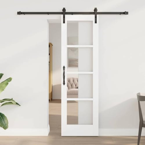 LoogCape ORKDAL - Porta scorrevole bianca e nera, 61 x 198,5 cm, con legno massello di pino e vetro, per interni, porta scorrevole stretta su binario scorrevole, salvaspazio