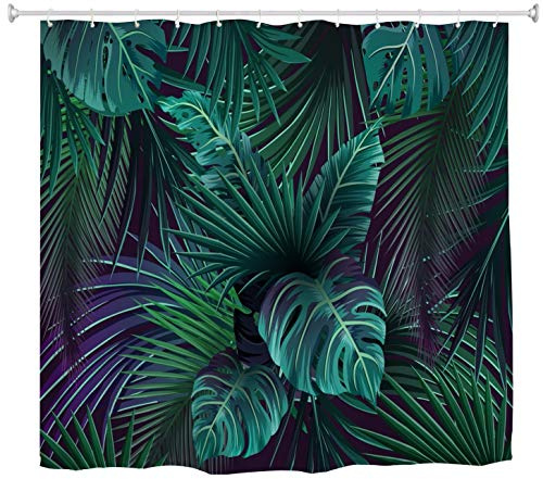 A.Monamour Duschvorhänge Exotische Tropische Grüne Monstera Palm Leaves Dunklen Hintergrund Handgezeichnete Bild Gedruckt Stoff Duschvorhang Set Mit Haken Für Badezimmer 180X200 cm