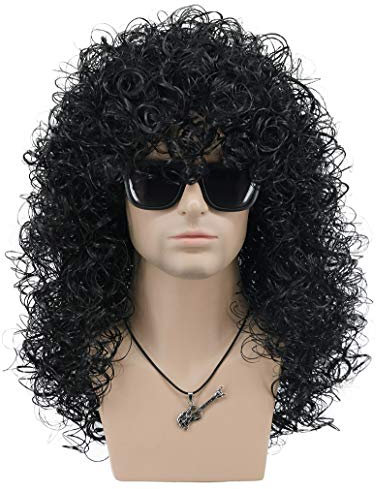 VGbeaty Herren Slash Lange Lockige Schwarz Hart 70er Jahre 80er Rocker Perücke Kostüm Cosplay Perücke (Schwarz)