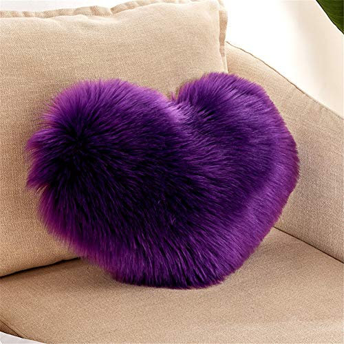 GLITZFAS Herzkissen Faux Lammfell Schaffell Kissen Dekokissen Zierkissen für Sofa Bett (Violett)