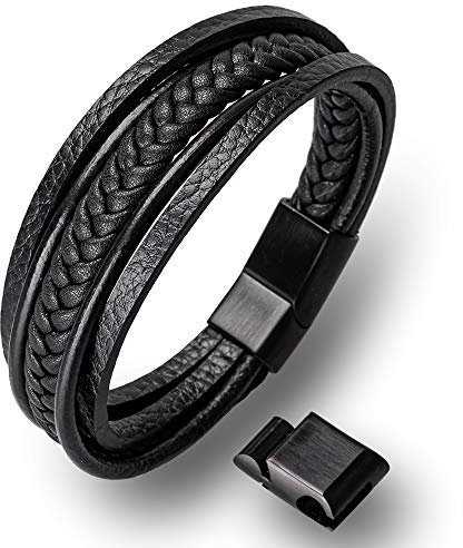 HOOF | Herren Armband Echt-Leder | Armreif geflochten | Magnetverschluss Edelstahl | Edle Box Schmuckschachtel Etui| Geschenk für Männer, Freunde, Wikinger, Vater, Partner B1(Schwarz, 24cm - 25 cm