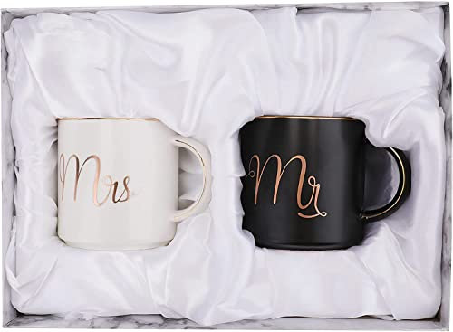 Yesland 360ml Mr and Mrs Mug, Ceramic Coffee Mug for the Couple, Ideal for Engagement, Anniversary, His and Hers, Bride and Groom, Valentines and Christmas Gifts - Set of 2 (Black & White)