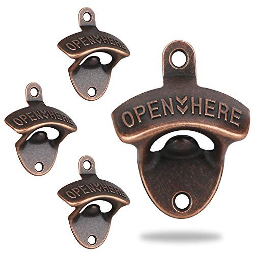 4 Pcs Wall Bottle Opener, Metal Wall Mounted Beer Bottle Openers, Wall Mount Soda Bottle Top Catcher, for Outdoor Bars Garden Outside Cabinet Wall Mount Antique Cap Openers (Vintage - Red Bronze)