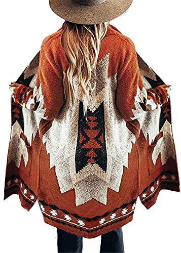 Jawint Damen Vintage Tribal Strick Cardigan Sweater Mantel Western Casual Open Front Outwear mit Tasche, Rot (Earth Red), XX-Large