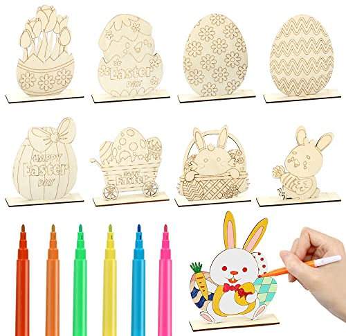 Sprinlot Ostern Basteln Holz, 9 Stück Bastelset Kinder Ostern Mit 6 Buntstiften, Ostern Handwerk Holz Ornamente, Ostern Frühling Deko, Osterhase Holzhuhn Eier Blumen Holzverzierung
