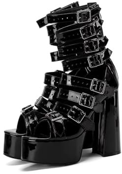 Frankie Hsu Gothic Lolita - Stivali da donna con tacco alto e tacco alto, in pelle verniciata nera, con plateau, nero, 43 EU