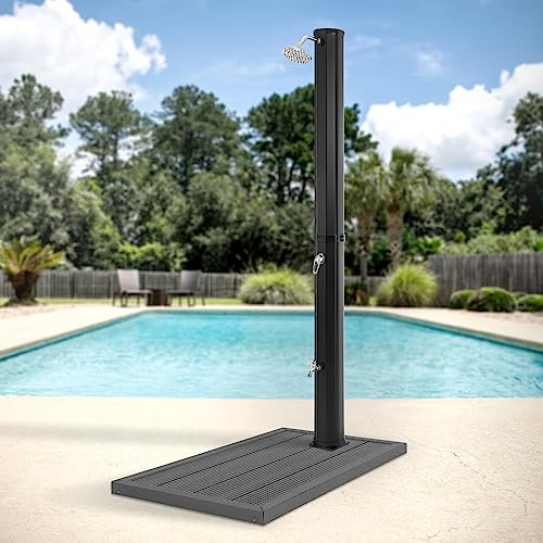 ML-Design Doccia Solare da Giardino 217 cm 35 L a Pedale Colore Nero Acqua Calda Fino a 60°C Senza Elettricità con Attacco per Tubo Doccia Esterna per Piscina + Base Piatto Pedana in WPC Grigio Scuro