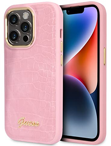 GUESS PU Backcover kompatibel mit iPhone 14 Pro hülle - Rosa Croco