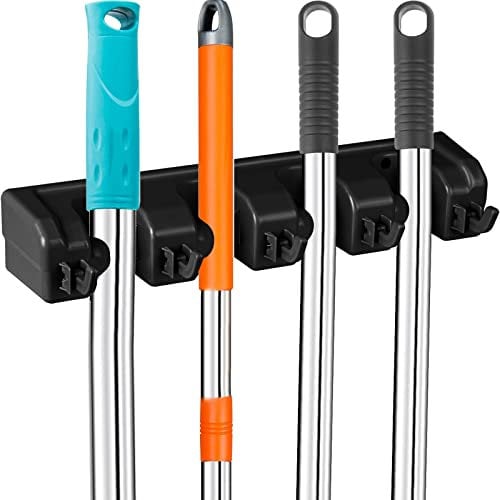 Besen Mop Halter Wandhalterung Besenmopp-Halter Aufhänger und Organizer Werkzeughalter Organizer mit 4 Halter und 5 Haken für Garage Garten Küche Badezimmer
