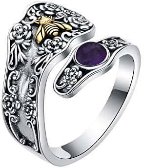 Amethyst Ring Sterling Silber Chunky Löffel Ringe für Frauen Einstellbare Edelstein Ring für Frauen Amethyst Schmuck Geschenk für Frauen
