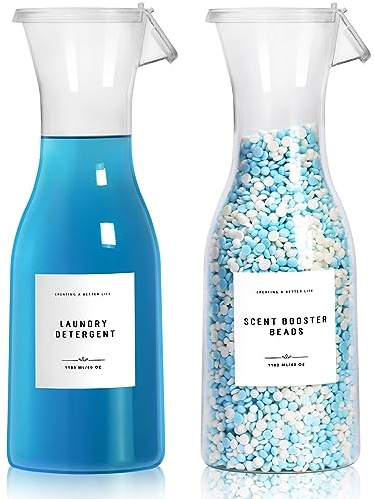 GIXSEGIE Lot de 2 flacons distributeurs de détergent à lessive de 1,18 l avec étiquette imperméable pour détergent, savon, adoucissant, parfum de javel, bouteille en PET robuste pour décoration de