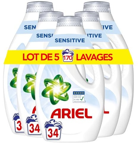 Ariel Lessive Liquide, 136 Lavages (4x34), Sensible, 0% Colorants, Testé Dermatologiquement, Élimine Les Taches Incrustées, Impeccable Même En Cycle Court Et À Froid, Fabriqué en France