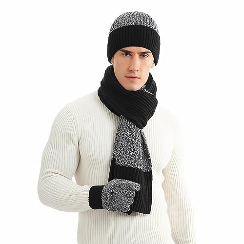 Hilmocho Herren Hut Schal Handschuhe Set 3 in 1 Winter Warm Gestrickte Mütze Lange Schal Touch Screen Handschuhe Geschenk Set