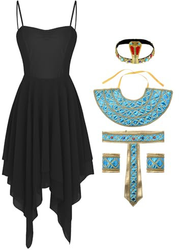 MSemis Damen Ägyptische Kleopatra Kostüm Set Ärmelloses Saumkleid mit Kragen Gürtel Armbänder Kopfbedeckung für Halloween Cosplay Dress Up Performance AD Schwarz XXL