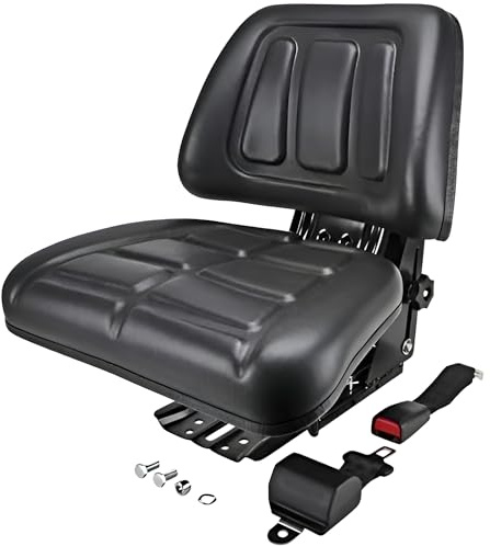 Sedile universale per trattore con cintura retrattile | PVC nero resistente, per carrelli elevatori, escavatori, macchinari industriali, zootecnici, motocicli agricoli, falciatrici e transpallet