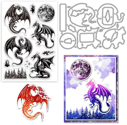 GLOBLELAND Drache Und Mond Stempel Und Stanzformen, Silikon Stempelkarten Und Metall Stanzungen Für Die Kartengestaltung Und DIY Prägungen, Scrapbooking