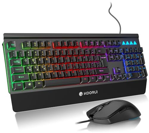 KOORUI Wired 104 Keys Gaming Keyboard and Mouse Combo,Rainbow Backlit Quiet Computer Keyboard, Light Up Keyboard with All-Metal Panels & 3200 DPI Mouse for Window PC Gamers-Black