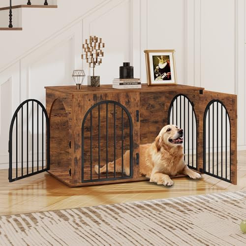 Hzuaneri Hundekäfig Möbel, 100cm Hundebox für Zuhause, 3 Türen, Bogentür, Moderne Hundebox Indoor für Hunde, Beistelltisch, Hundekäfig Hochbelastbar, 60 x 100 x 63 cm, Vintagebraun DFC84101B
