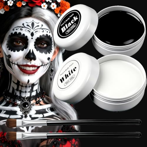 Maquillage Karneval Visage Noir et Blanc 100g, Kit Peinture Haute Pigmentation avec 2 Pinceaux, Sûr pour Enfant & Adulte, Idéal Clown, Squelette & Cosplay