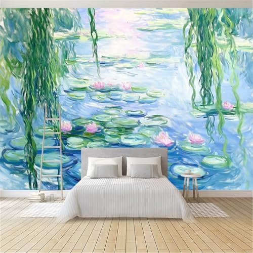 Papier Peint Intissé Feuilles De Saule Peintes Et Fleurs De Lotus 200x140 cm Papier Peint Panoramique Moderne, Tableaux Muraux Tapisserie Photo, Papier Peint Mural pour Salon, Chambre, Fond Décor TV