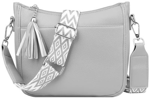TaoQ C Umhängetasche Damen Leder Handtasche Mittelgroß Crossbody Bag Mit Breitem Schultergurt für Damen, Grau