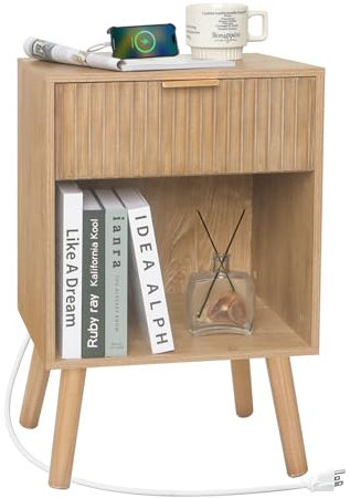 Fultyle Nachttisch aus Holz mit Ladestation, Nachttisch mit geriffelten Schubladen und Steckdose, Boho Nachttisch für Schlafzimmer, Wohnzimmer, Büro (Rustic Walnut)