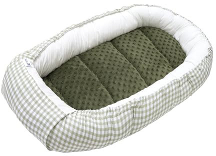 Medi Partners Babynest Nestchen für Neugeborene - 100x60x15 Babynestchen Baby zweiseitg Nest Bett 100% Baumwolle Minky Kuschelnest tragbar (Kariert mit olivfarbenem Minky)