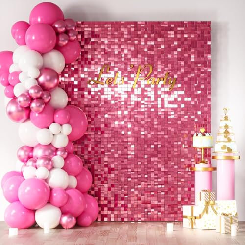 Kelfara Pink Shimmer Wall Backdrop, 24 Panels Square Sequin Shimmer Backdrop, Photo Backdrops for Birthday, Anniversary, Wedding, Graduation & Bachelorette Party Decoration