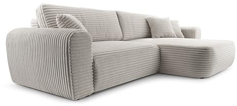 FurniShop24 Ecksofa mit Schlaffunktion und Bettkasten – Stilvolles Schlafsofa 297x169 cm mit Bequemer Polsterung und Dekokissen, L-Form Sofa, Eckcouch für Wohnzimmer Happy Grau Rechts