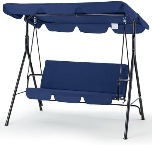 YODOLLA 3-Sitzer Hollywoodschaukel mit verstellbarem Vordach, Gartenschaukel mit abnehmbarem Kissen und Schatten mit Anti-Rutsch-Füßen, 172x112x150 cm, Verandaschaukel für Garten, Poolside (Blau)