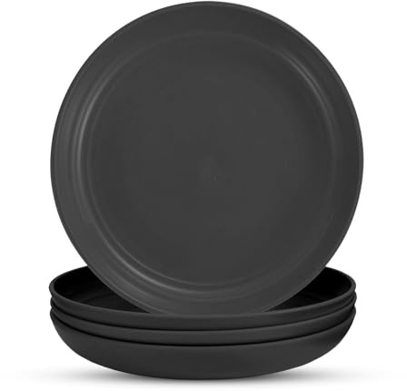 FUZVOL 4 Pcs Plastic Plates Reusable Unbreakable Dinner Plates 7.8''(20cm) Party Plate for Kid Adults, Dishwasher Microwave Safe Stackable Lightweight for Dessert, Pasta, Bread, Picnic (Black)