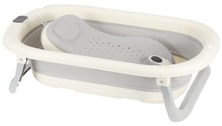 Baignoire Bebe Pliable avec Thermomètre, Transat de Bain, Prise de Douche, Ventouse Antidérapante, Baignoire Pliable BéBé pour Nouveau-Né, 0 à 24 Mois (Gris, 43x71x18.5cm)