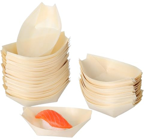 Toyvian Mini Sushi Boat Serving Trays 50 Pack Wooden Food Boats for Snacks Appetisers Dessert Japanese Style Tableware for Catering Party Picnic and Display
