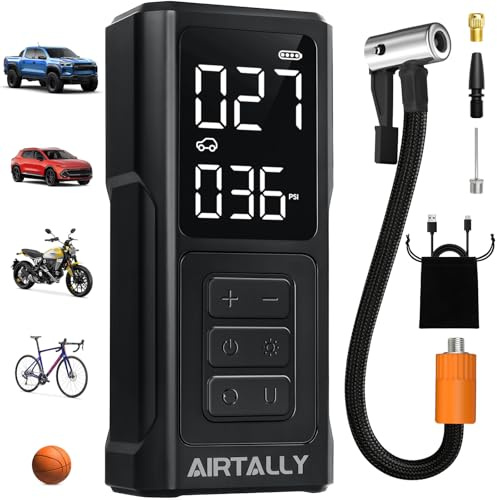 AIRTALLY i7 Reifenfüller, tragbarer Luftkompressor, 150 PSI schnell aufblasbar, tragbare Luftpumpe für Autoreifen/Fahrrad/Basketball, mit großem LED-Doppel-Bildschirm, Reifendeflator, Manometer und