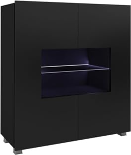 Generisch Kommode CALABRINI C-02 mit LED Sideboard 100 cm Vitrine Highboard Weiß Hochglanz (Schwarz)