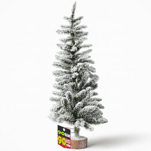 BAKAJI Albero di Natale Innevato 90 Rami Apertura Ombrello, Base Legno Tronco Effetto Realistico, Alberello Bianco Decorazione Natalizia, Addobbo Natalizio Interni, Vetrine, Negozi, Ingresso (90 cm)