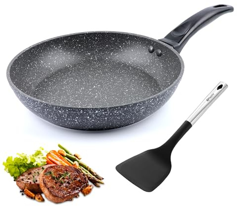 Family Sartén de Aluminio Antiadherente 28 cm + Espátula de Nylon (34,5 x 9,5 cm), Revestimiento Duradero, Apta para Todo Tipo de Cocinas, Fácil de Limpiar, Negro Mármol