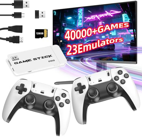 Vutlace Wireless Retro Game Console, Gaming Stick 4k HDMI Output Built-in 40,000+ Games 23 Emulators, 2.4GHz Wireless Controllers, Plug & Play Video Games with 128G TF Card for TV (White)