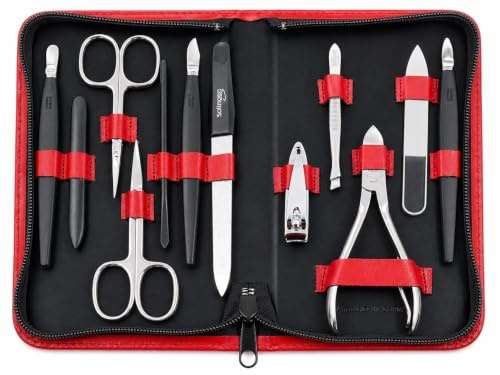 Maniküre Pediküre Set 12-teilig – Nagelpflege Set mit 5 Solingen Qualitätsinstrumenten, Echtleder Etui, gehärteter Stahl – Made in Germany Rot Glatt