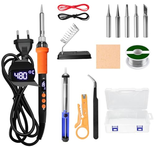TUOLNK 15 PCS 90W Lötkolben-Set,5 Spitzen,Lötwatte,Ständer,Lötzinn,Pinzette | LCD-Display,einstellbare Temperatur 180-480°C Lötkolben,automatischer Schlafmodus,50g,Entlötpumpe für Elektroarbeiten
