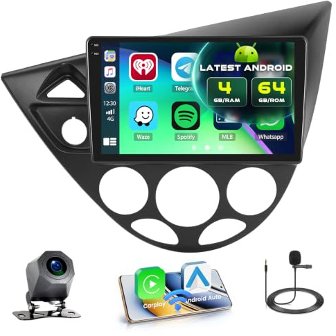 Fuluku 4+64GB 9 Incell Pantalla Radio Coche para Ford Focus 1998-2005 | Pantalla Coche táctil 9 Incell Carplay/Android Auto Android 15 Radio Coche Bluetooth/GPS, Cámara Trasera, FM, WiFi/Navi EQ
