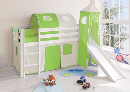 Hochbett mit Rutsche und Turm Spielbett Kasper Kiefer massiv Weiss, Vorhangstoff:Beige Grün