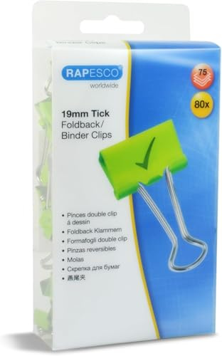 Rapesco 1421 19mm Häkchen Foldback Klammern, Grün, 80 Stück