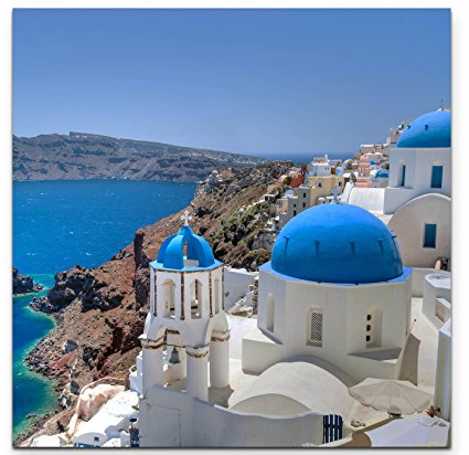 Paul Sinus Art Fotografie – Santorini Kirchenglocke und KuppeldächerLeinwandbild quadratisch 60x60cm