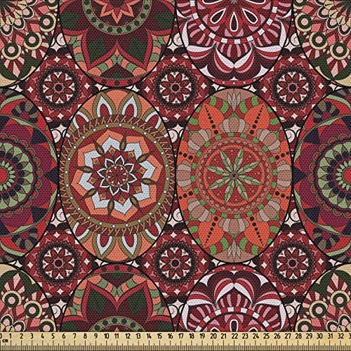 ABAKUHAUS marokkanisch Stoff als Meterware, Vintage Ottoman Fliese, Qualitäts Stoff Polster für Wohnaccessoires, 10M (148x1000cm), Zinnoberrot Grün Rubin